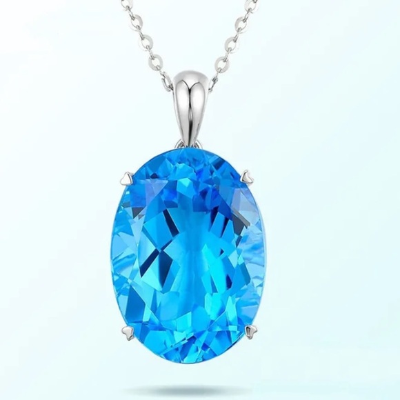 Sterling Silver Blue Topaz Charm Pendant Chain Link Necklace - Picture 4 of 5